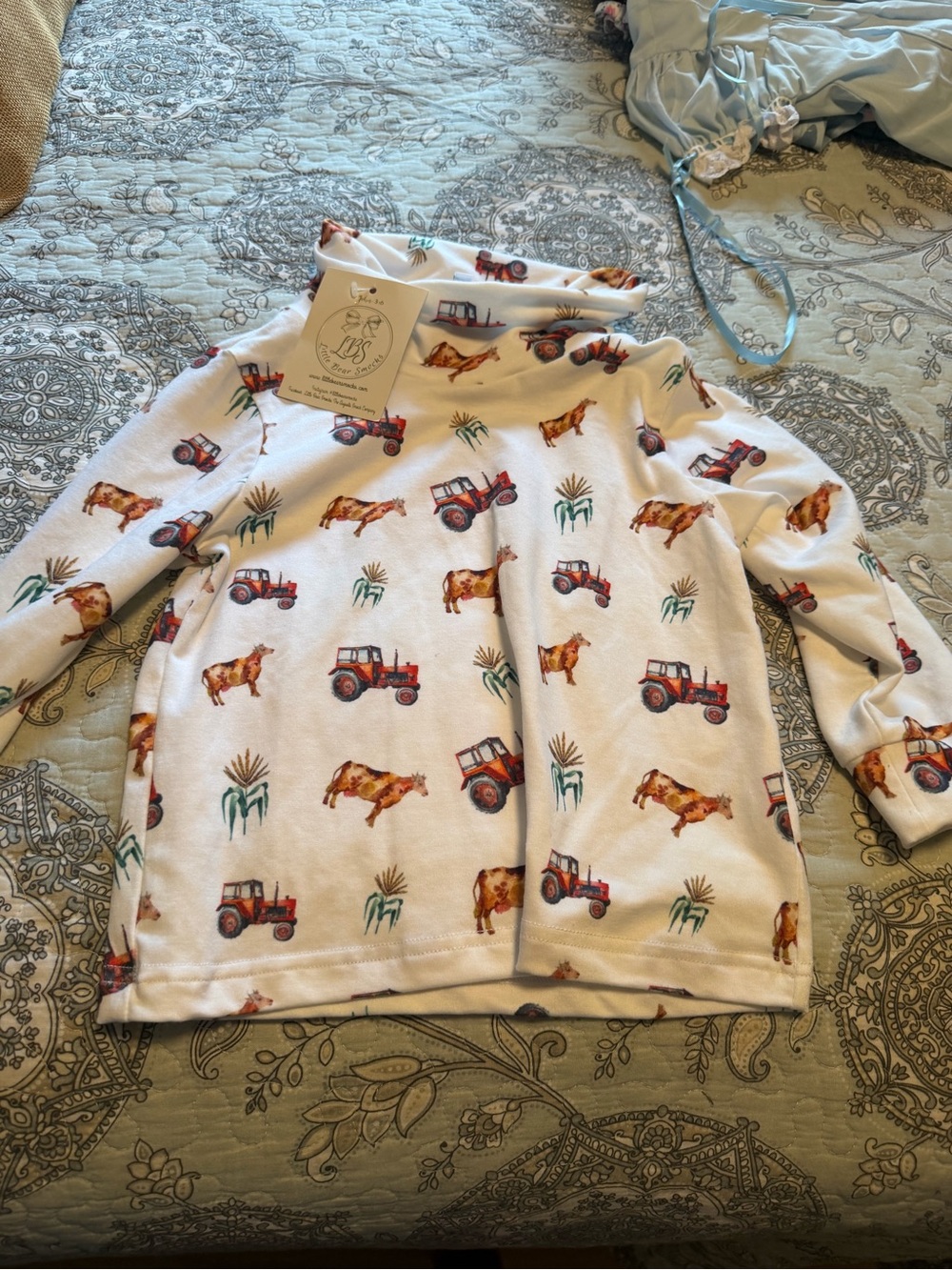 Kids White Long-Sleeve Farm Tractor & Cow Print Top